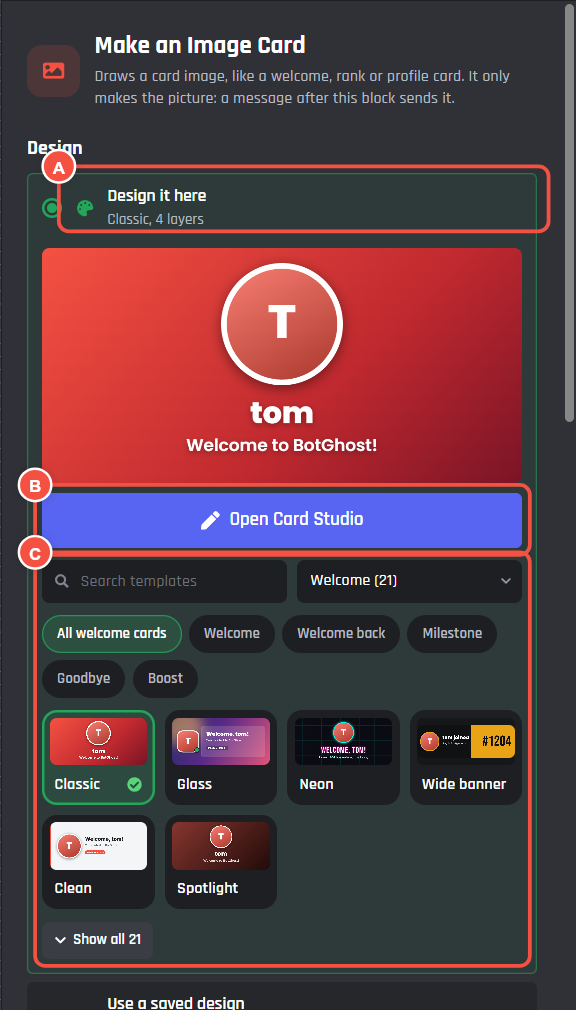 Make an Image Card settings, with the design options marked
