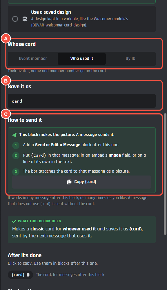 Whose card, Save it as and How to send it, marked
