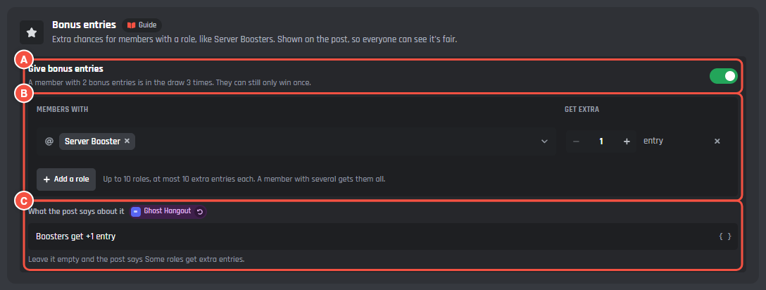 Bonus entries switched on, with a role and its extra entries, Add a role and what the post says marked