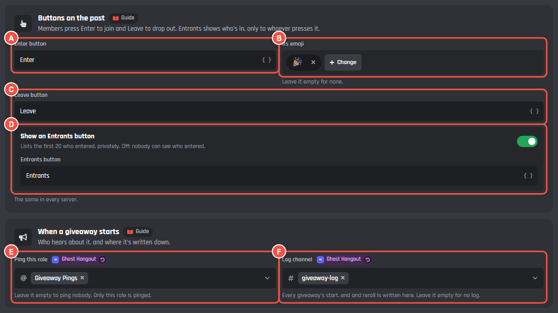 Buttons on the post and When a giveaway starts, with the Enter button, its emoji, the Leave button, the Entrants switch, the ping role and the log channel marked