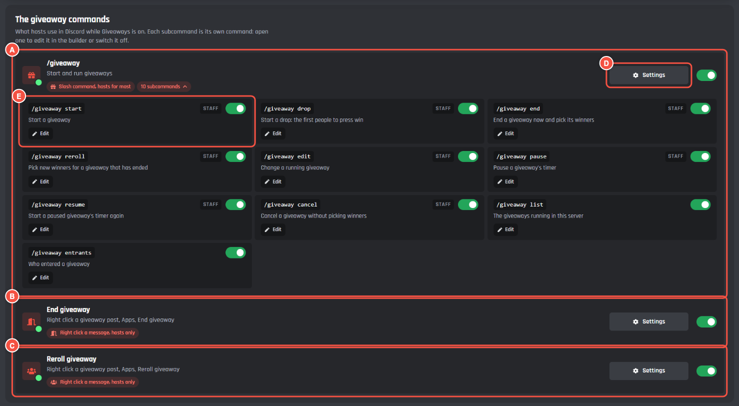 The giveaway commands, with /giveaway and its 10 subcommands, End giveaway, Reroll giveaway, Settings and one subcommand marked