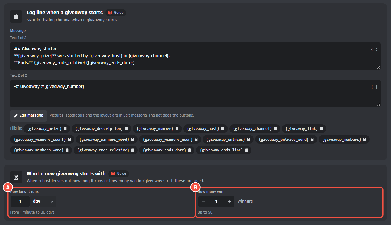 What a new giveaway starts with, with how long it runs and how many win marked