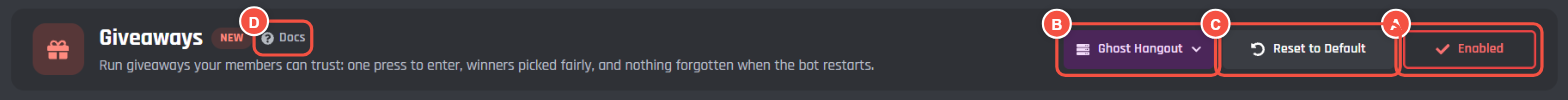 The top of the Giveaways page with Enabled, the server menu, Reset to Default and Docs marked