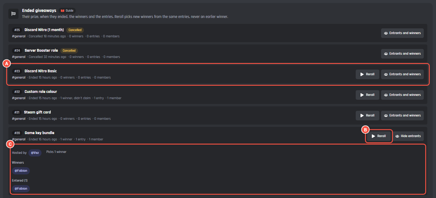 Ended giveaways, with an ended giveaway, Reroll and the opened winners and entrants of Game key bundle marked