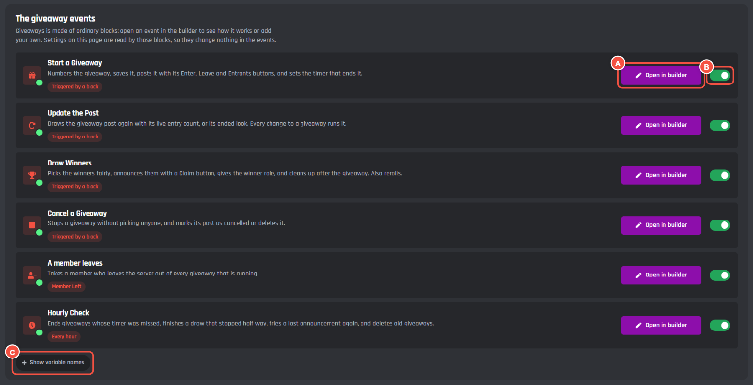 The six giveaway events, with Open in builder, the switch and Show variable names marked
