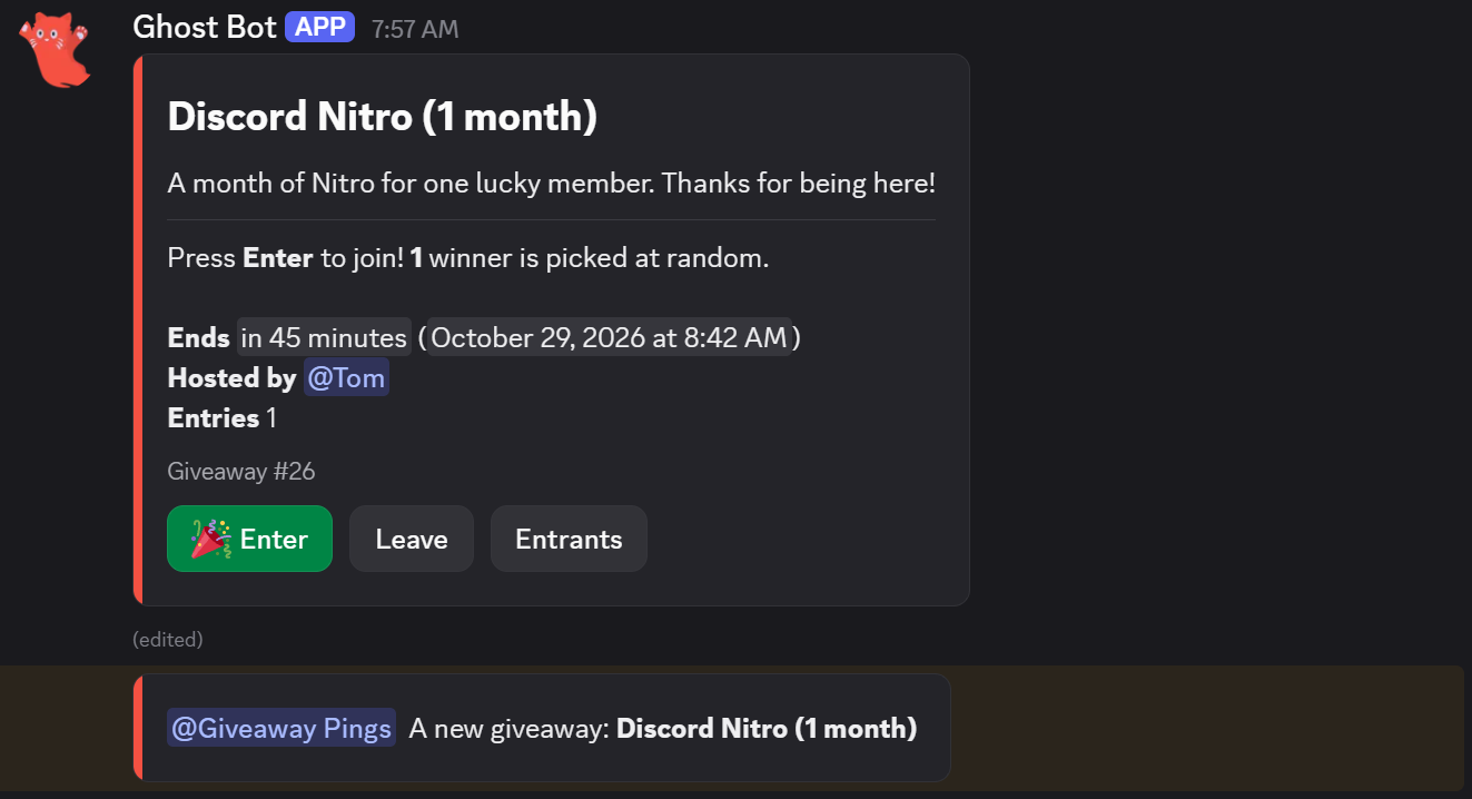 A giveaway post for Discord Nitro (1 month) hosted by Tom, with when it ends, 1 entry and the Enter, Leave and Entrants buttons, and the role ping under it