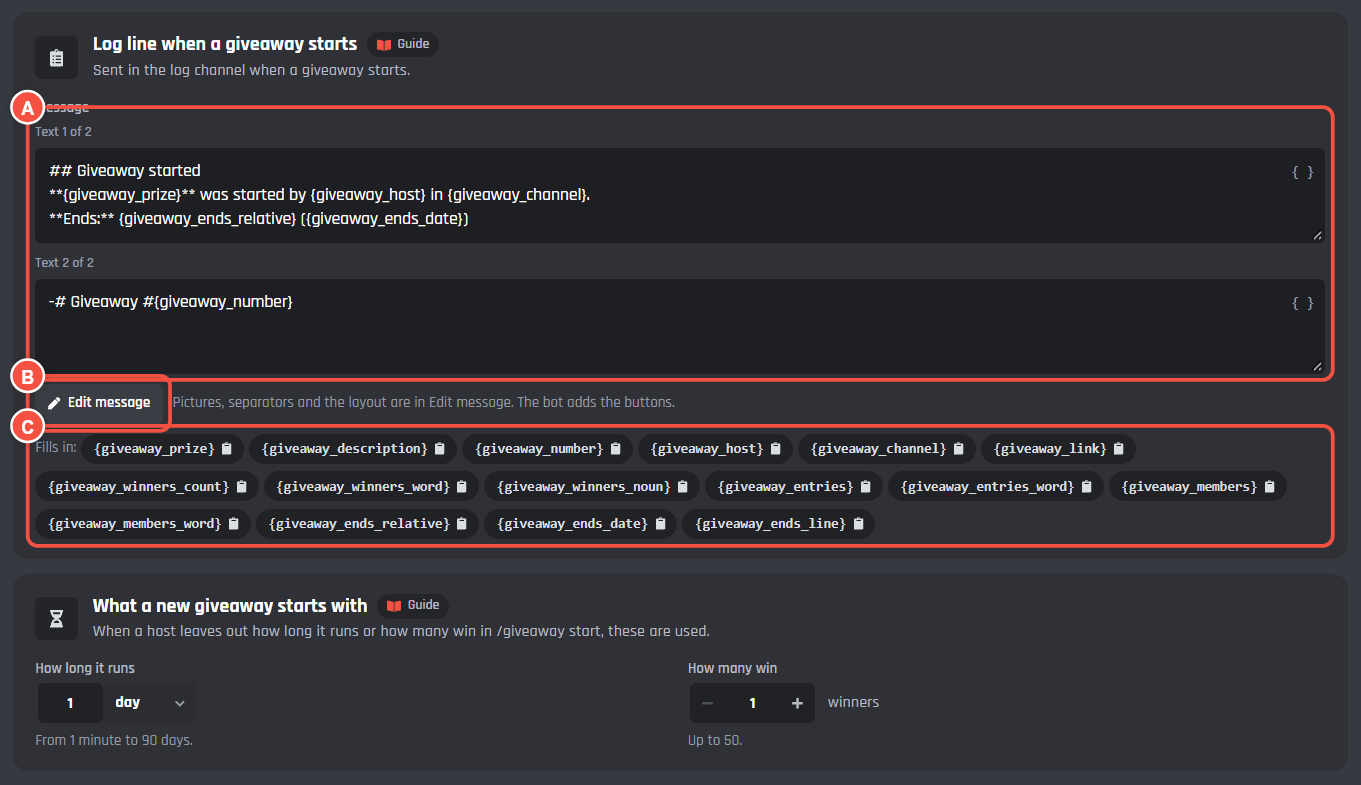 Log line when a giveaway starts, with the message, Edit message and the variables marked