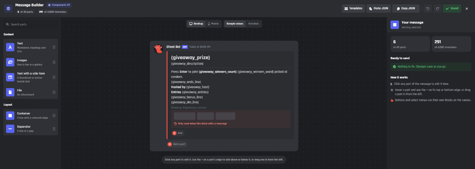 The Message Builder open on the running giveaway post, with its parts on the left and the post in the middle