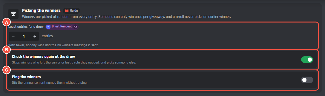 Picking the winners, with the least entries, the check at the draw and Ping the winners marked