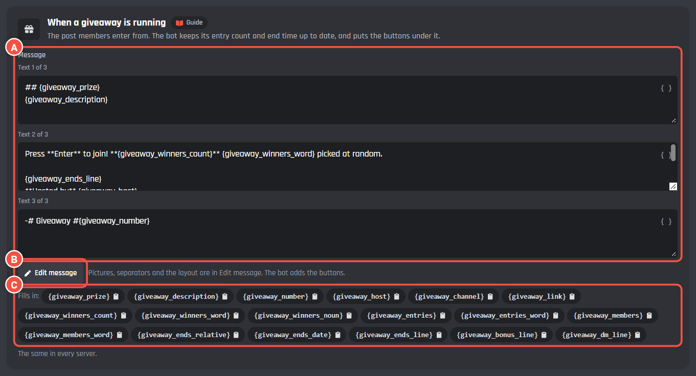 The When a giveaway is running card, with the message, Edit message and the variables marked