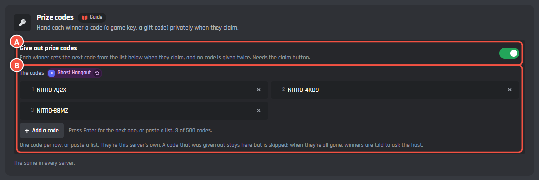 Prize codes switched on, with three codes and Add a code marked