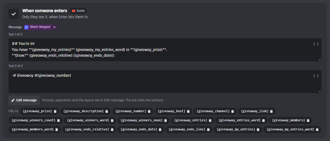 The When someone enters card, with its message, Edit message and the variables it fills in