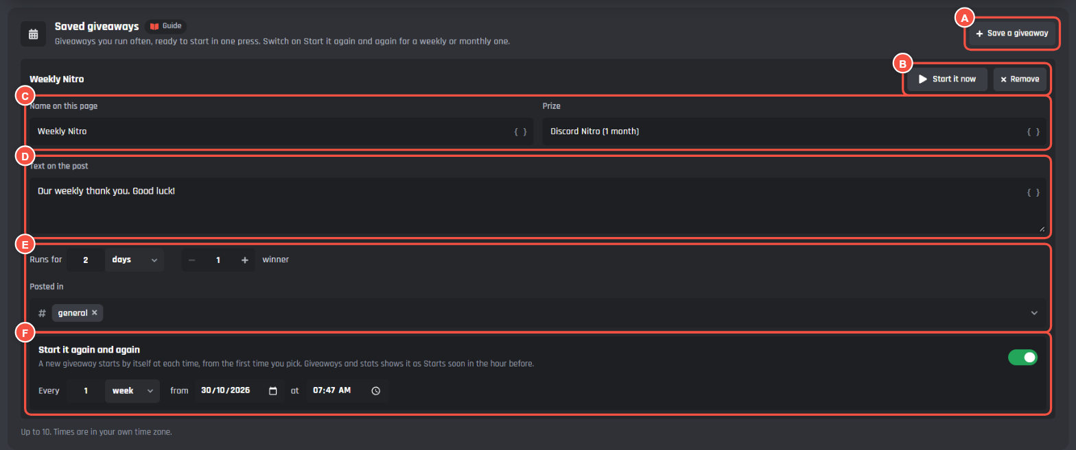 A saved giveaway called Weekly Nitro, with its name, prize, text, length, winners, channel and the repeat marked