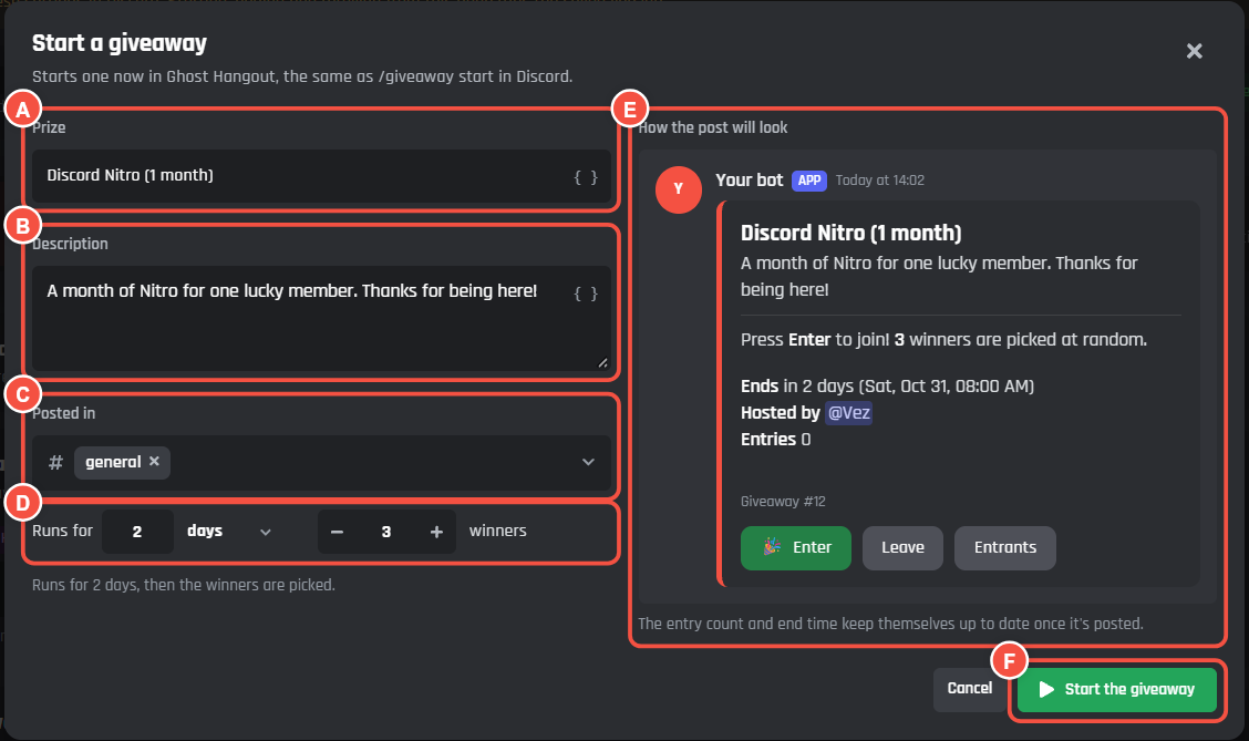 The Start a giveaway window with the prize, the description, the channel, how long it runs, the winners, the preview and Start the giveaway marked