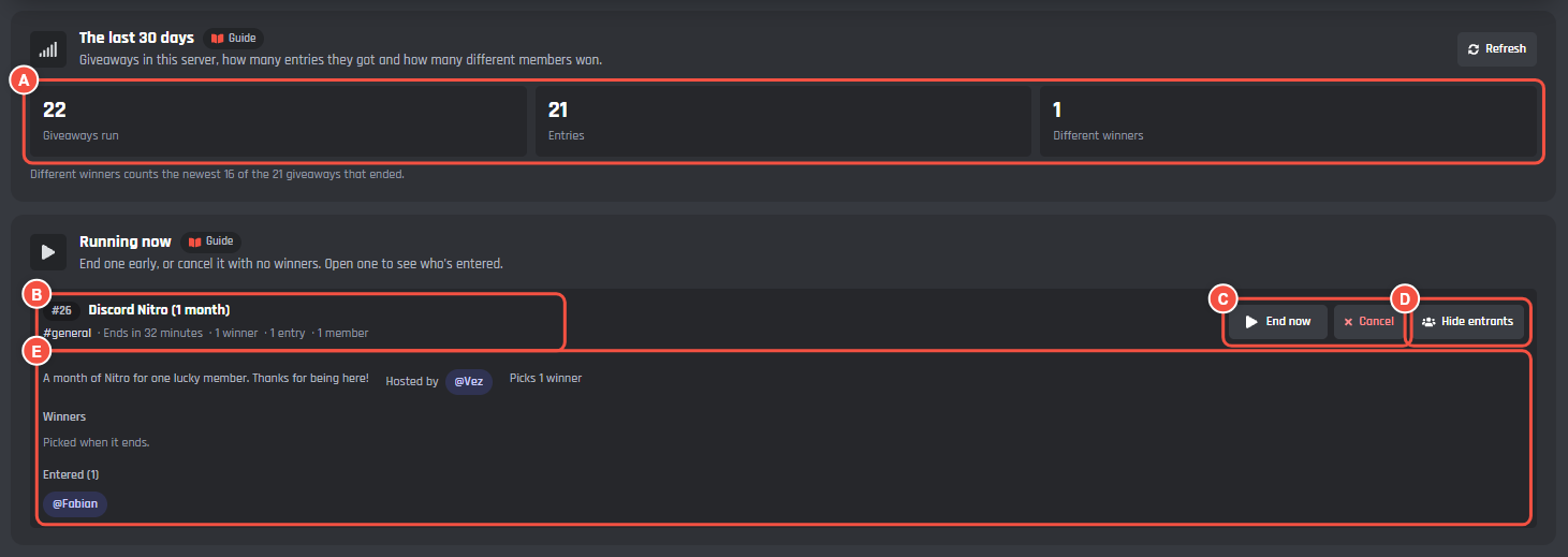 The last 30 days totals, and Running now with a Discord Nitro giveaway open, End now, Cancel and Hide entrants marked