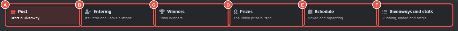 The six tabs: Post, Entering, Winners, Prizes, Schedule, and Giveaways and stats
