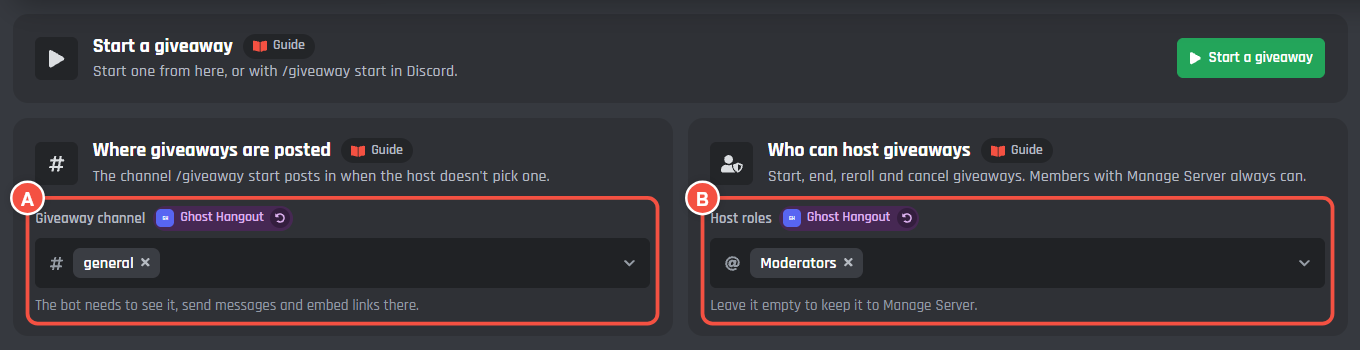 Where giveaways are posted and Who can host giveaways, with the channel and the host roles marked