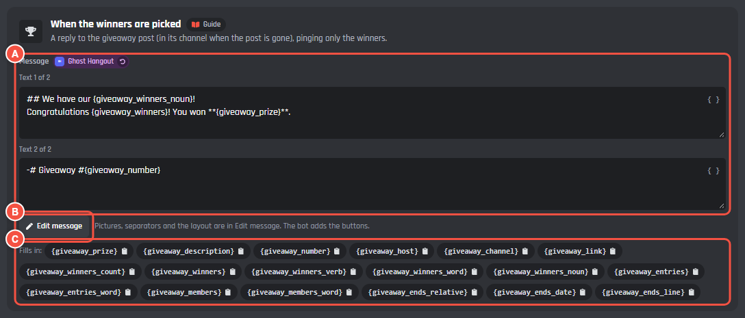 The When the winners are picked card, with the message, Edit message and the variables marked
