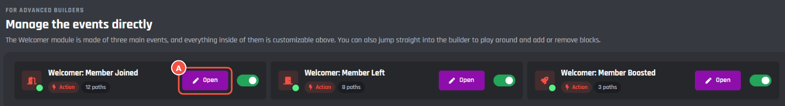 Manage the events directly, with the Open button marked