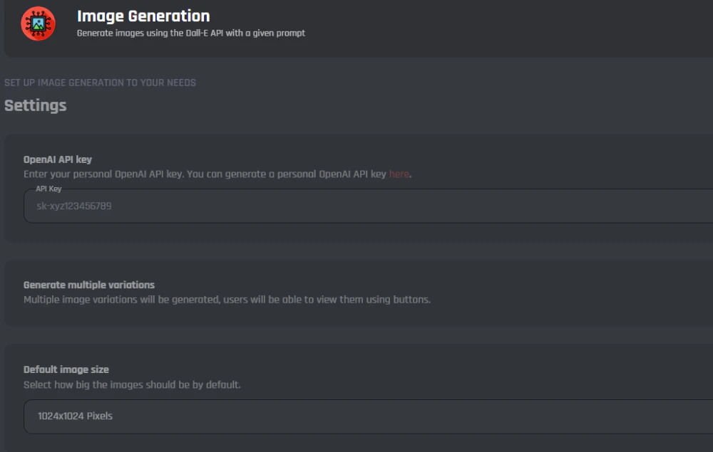 The Image Generation module's settings: the OpenAI API key field, a Generate multiple variations switch, and Default image size set to 1024x1024 pixels