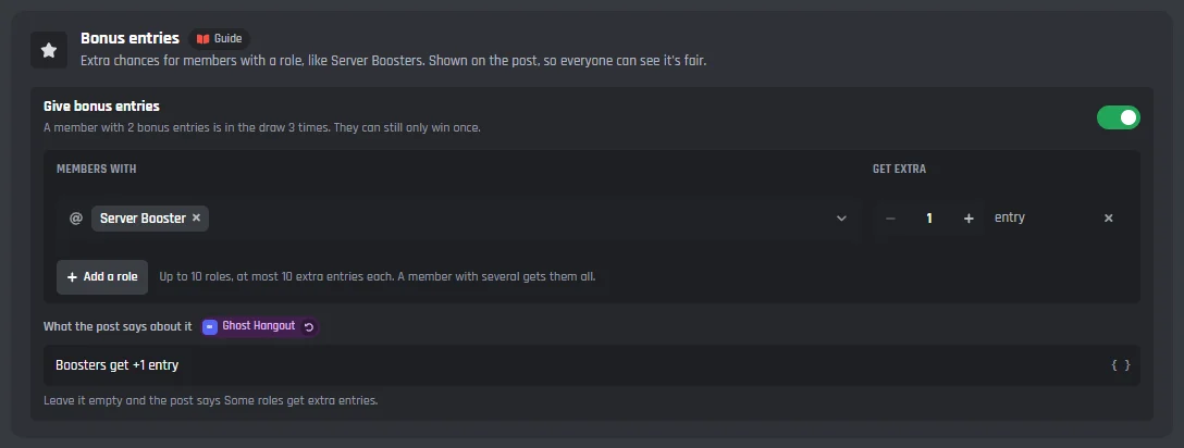 The Bonus entries card switched on, with Server Booster given 1 extra entry and the post saying Boosters get +1 entry