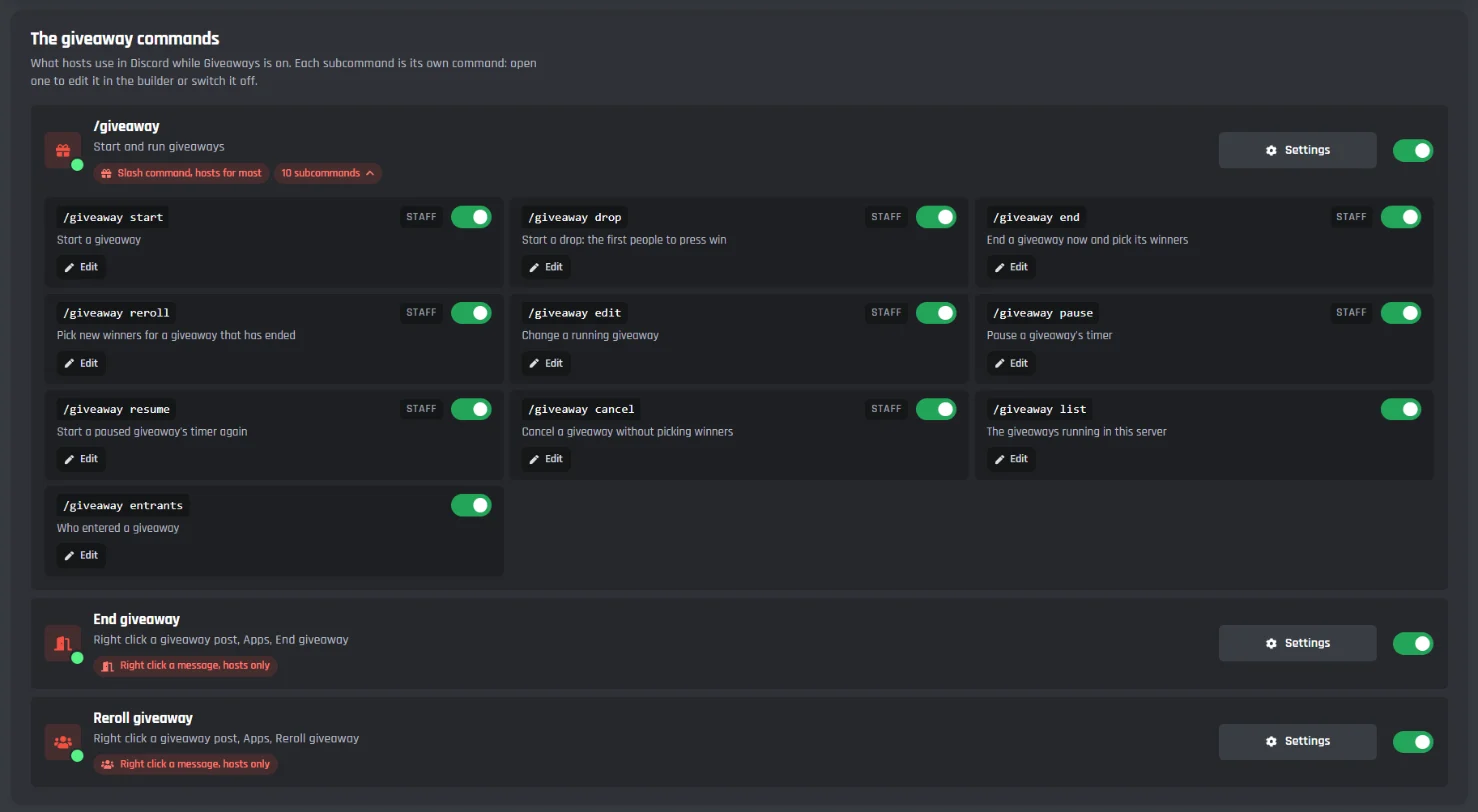 The giveaway commands: /giveaway with its subcommands, and the right click End giveaway and Reroll giveaway, each with Edit and a switch
