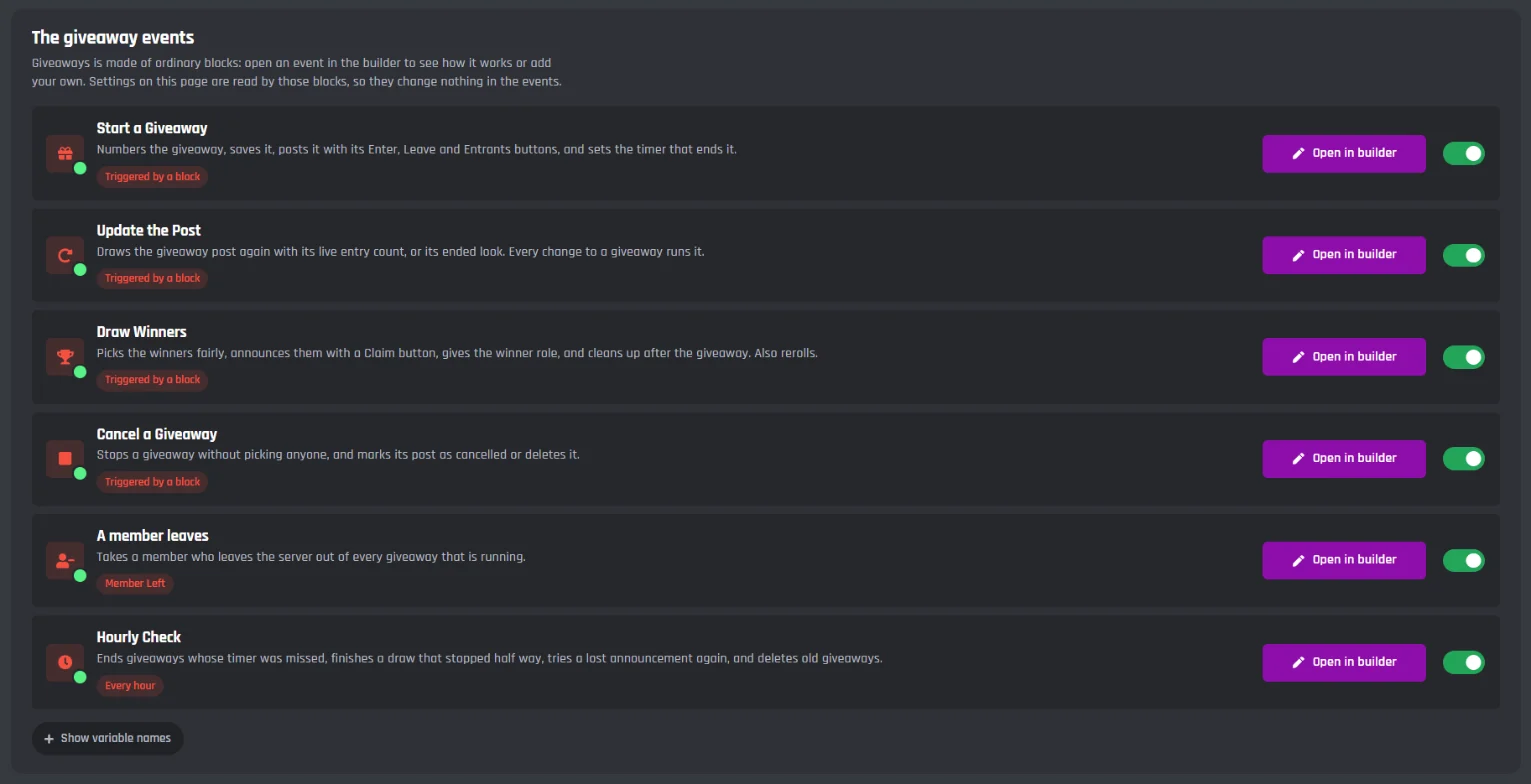 The giveaway events: Start a Giveaway, Update the Post, Draw Winners, Cancel a Giveaway, A member leaves, and Hourly Check, each with Open in builder