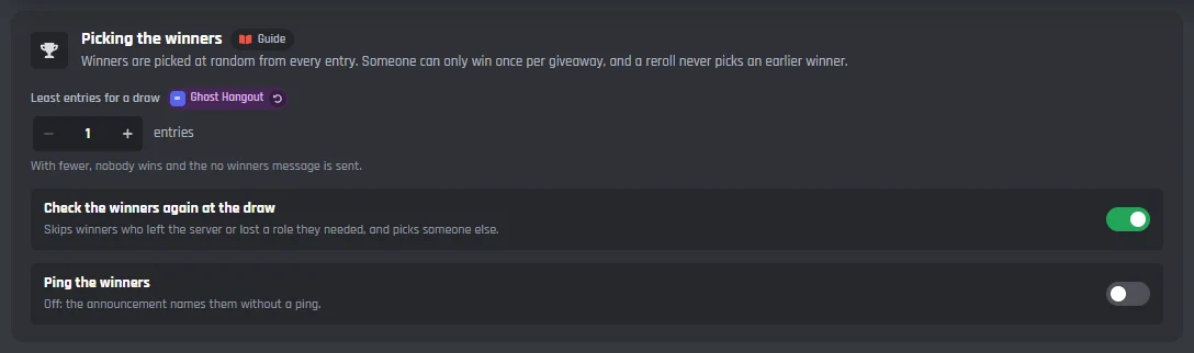 The Picking the winners card: Least entries for a draw at 1, Check the winners again at the draw on, and Ping the winners