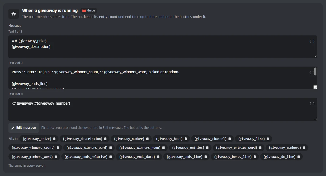 The When a giveaway is running card: the post message with Edit message, and the variables that fill in