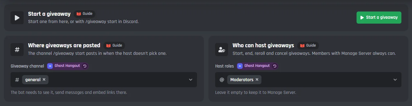 The Start a giveaway card, then Where giveaways are posted with the giveaway channel picked, and Who can host giveaways with a host role picked