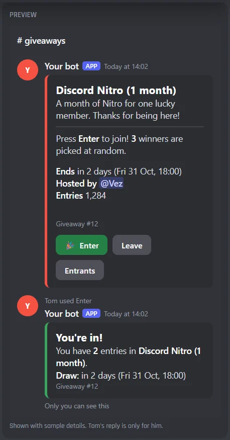 The live preview on the Giveaways page: the giveaway post for Discord Nitro (1 month) with its Enter, Leave and Entrants buttons, and Tom's private reply after he pressed Enter