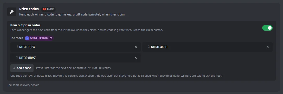 The Prize codes card switched on, with three codes in the list