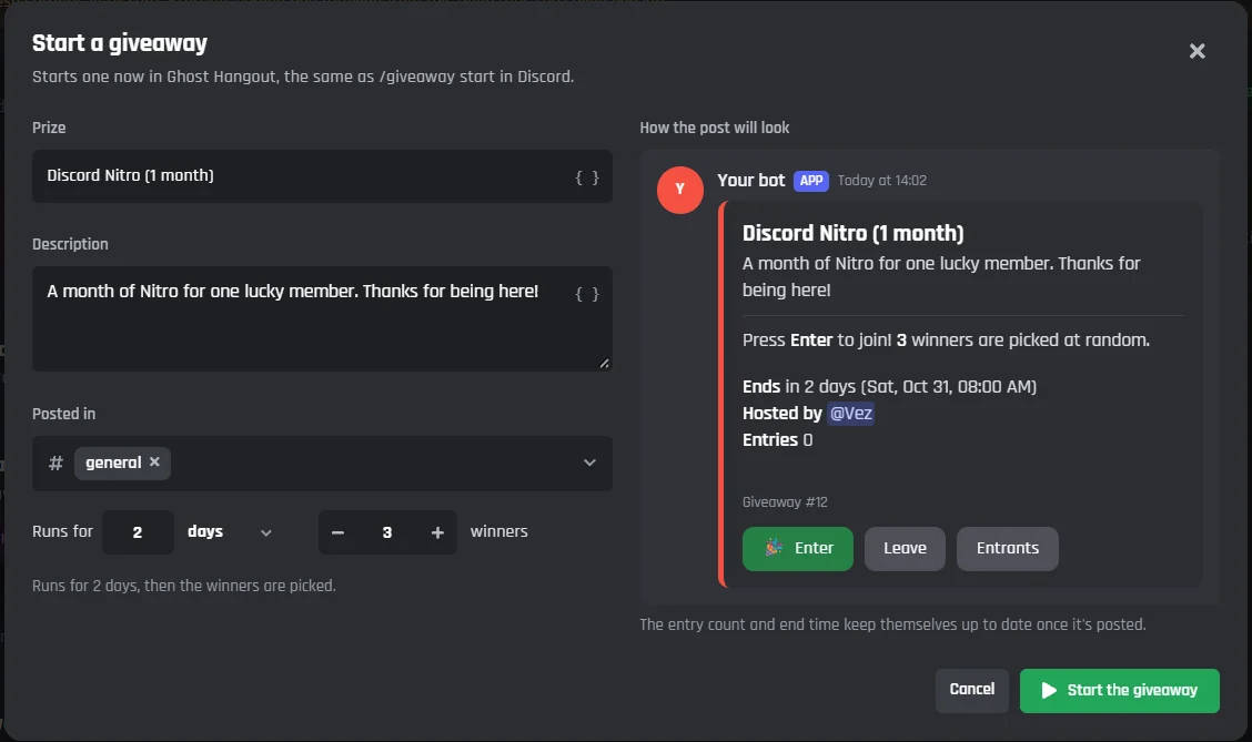 The Start a giveaway window: the prize, the description, the channel it is posted in, how long it runs and how many win, beside a preview of the post
