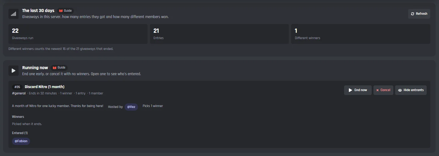 The last 30 days: giveaways run, entries and different winners, then Running now with one giveaway opened to show its host, winners and who entered, beside End now and Cancel