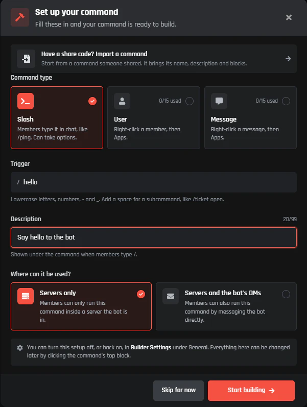 The Set up your command window with Slash selected, the trigger hello, and a description
