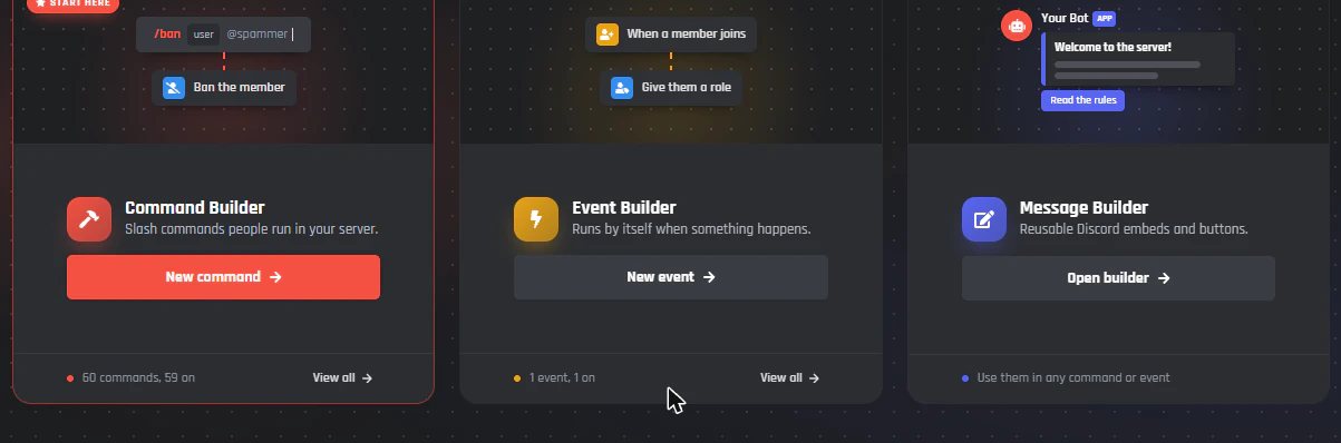 The dashboard's three builders: Command Builder with a New command button, Event Builder, and Message Builder
