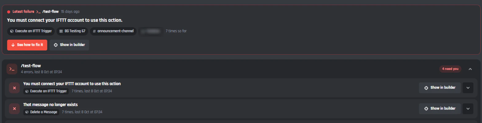 The Error Logs page showing the latest failure, which block failed, and a See how to fix it button