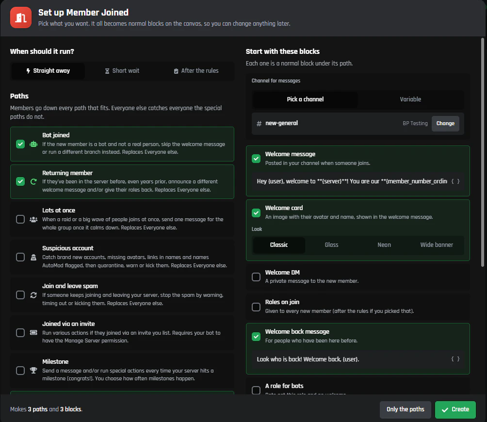 The Set up Member Joined window with paths for bots and returning members, a channel picked, and Welcome message and Welcome card ticked