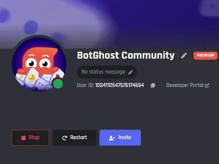 The BotGhost Community bot on its Settings page with the Stop, Restart, and Invite buttons
