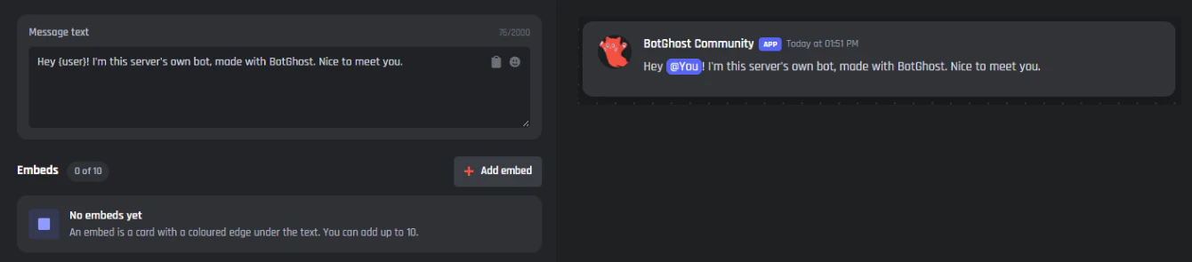 The message editor with the text Hey {user}, and the Discord preview showing Hey @You