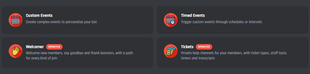 The Modules list in the BotGhost dashboard with Custom Commands, Custom Events, Data Storage, Welcomer, and Tickets