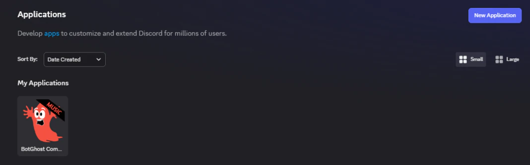 The Discord Developer Portal's Applications page with the New Application button in the top right