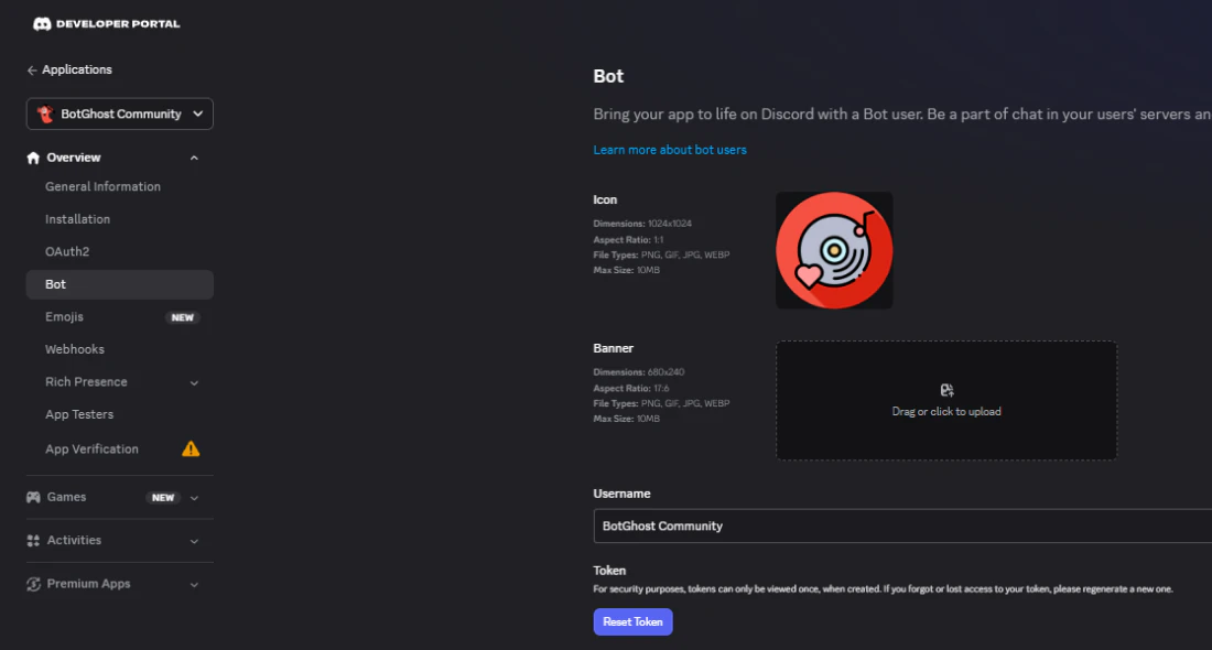 The Bot page in the Discord Developer Portal with the username field and the Reset Token button