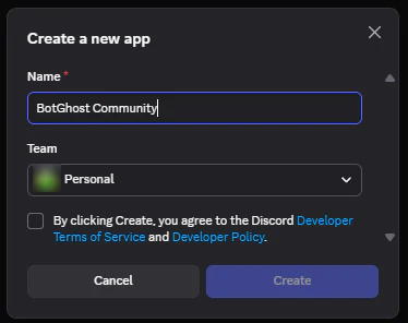 Discord's Create a new app window with the name BotGhost Community typed in