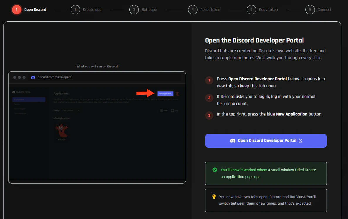 BotGhost's bot setup, step 1 of 6, showing what you will see on Discord and numbered instructions