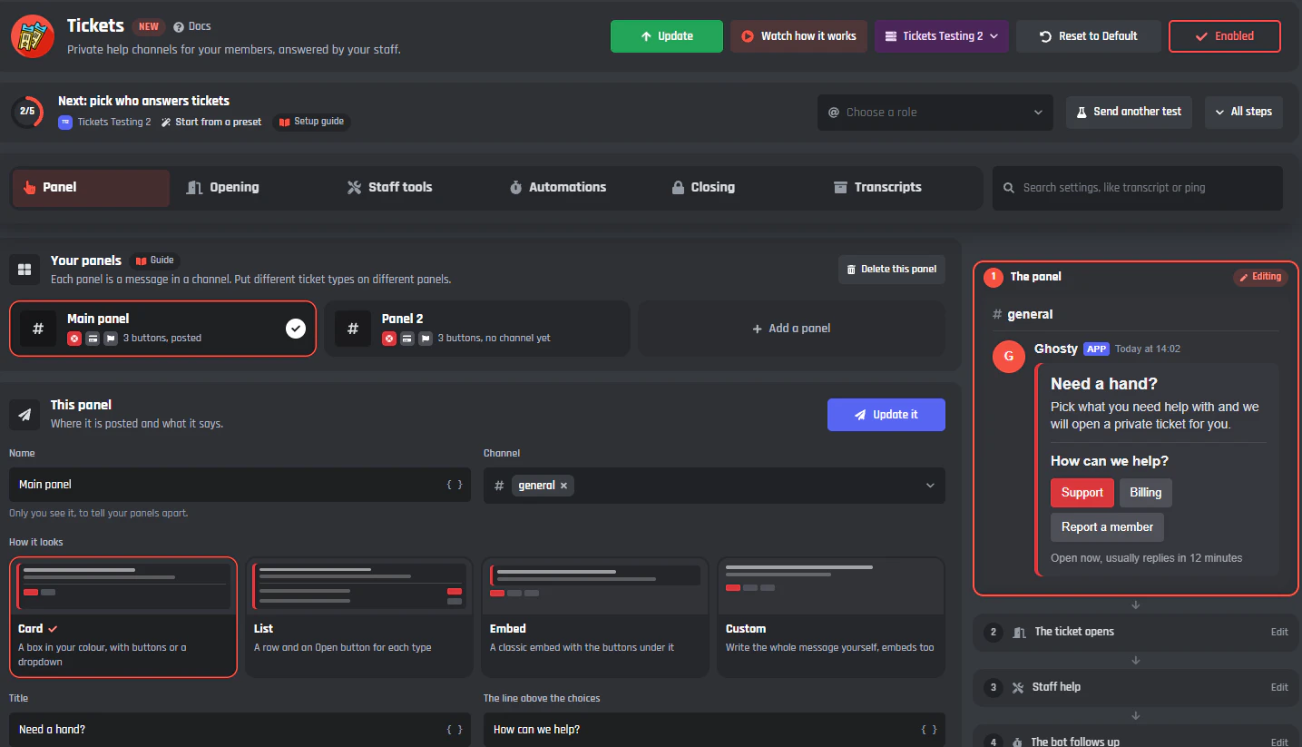 The Tickets module page: the setup strip, the Panel tab, and a Discord preview of the ticket panel