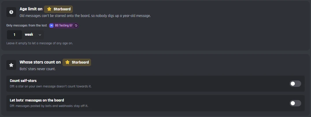 The Age limit card set to messages from the last 1 week, and the Whose stars count card with Count self-stars and Let bots' messages on the board both off