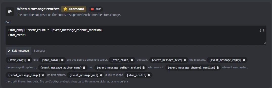 The When a message reaches Starboard card: the card message, Edit message with its 4 embeds, and the variables you can use