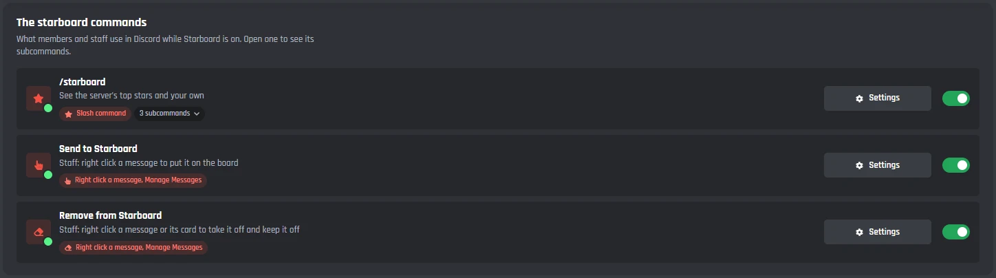 The starboard commands: /starboard with 3 subcommands, and the right click Send to Starboard and Remove from Starboard, each with Settings and a switch