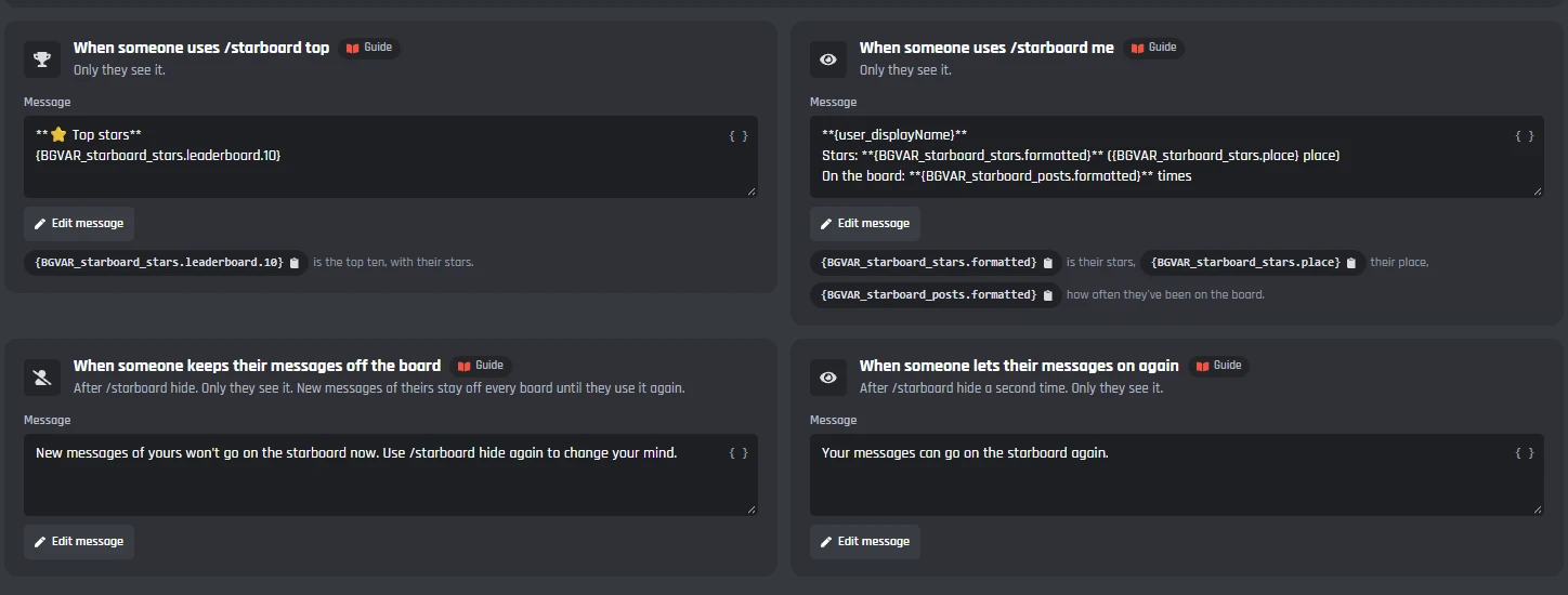 The message cards for /starboard top and me, each with the variables it can use, and for /starboard hide and using it again